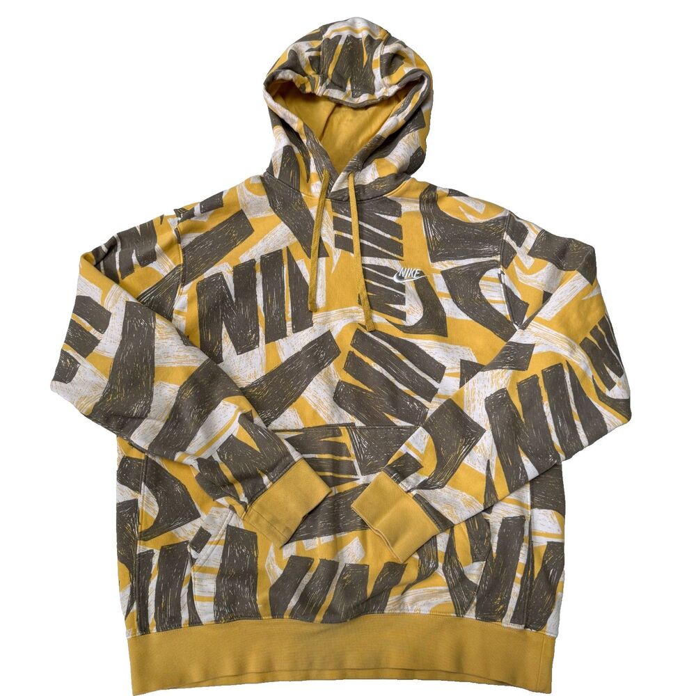 Nike Futura Sportswear Club Yellow Gray All Over Print Hoodie Mens Medium